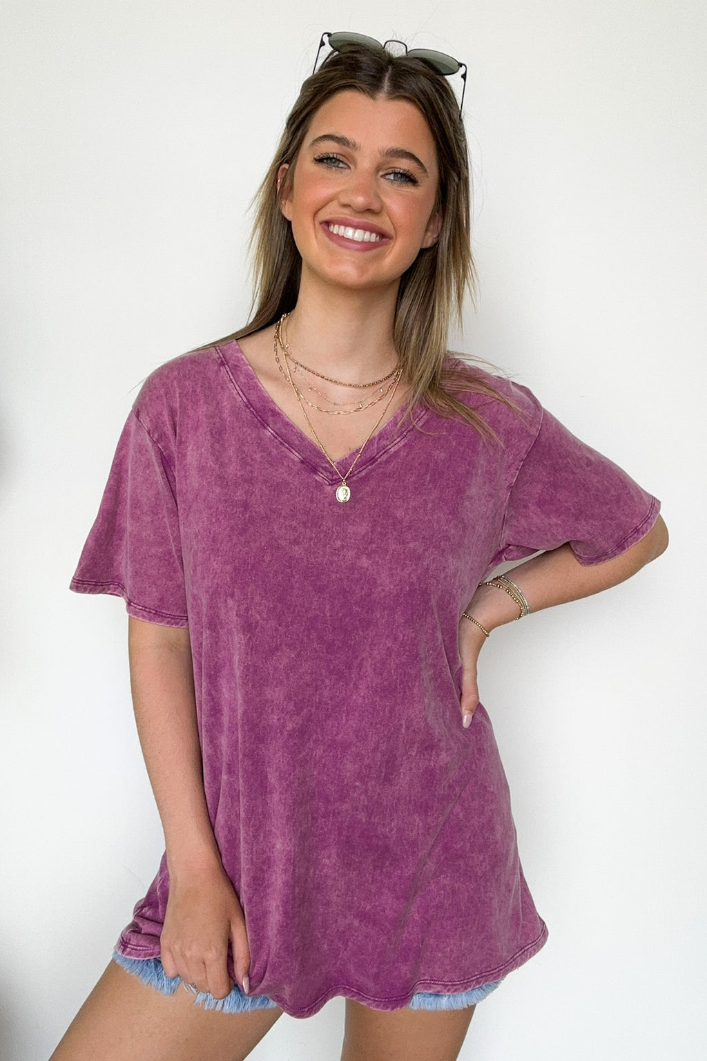 Soleil Acid Wash V-Neck Relaxed Fit Top - BACK IN STOCK - Madison and Mallory