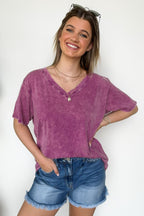 Soleil Acid Wash V-Neck Relaxed Fit Top - Madison and Mallory