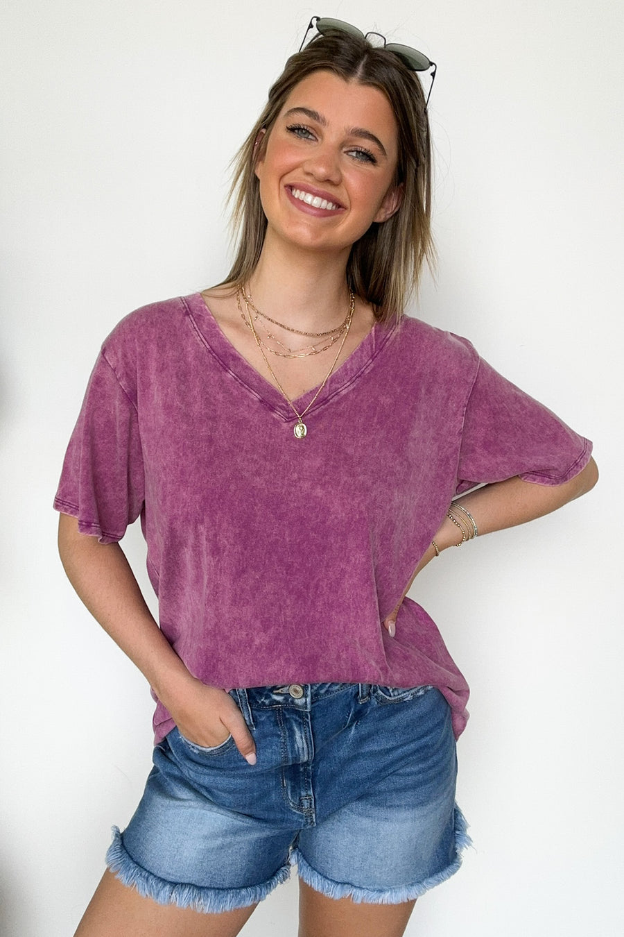 Light Plum / S Soliel Acid Wash V-Neck Relaxed Fit Top - BACK IN STOCK - Madison and Mallory