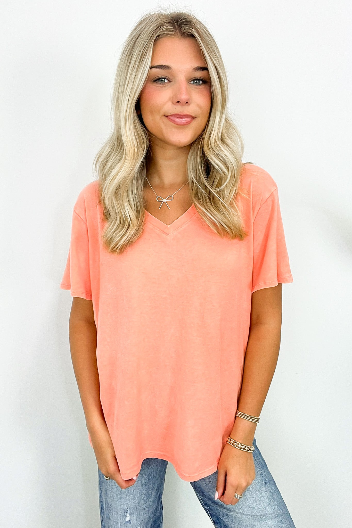 Coral / S Soliel Acid Wash V-Neck Relaxed Fit Top - BACK IN STOCK - Madison and Mallory
