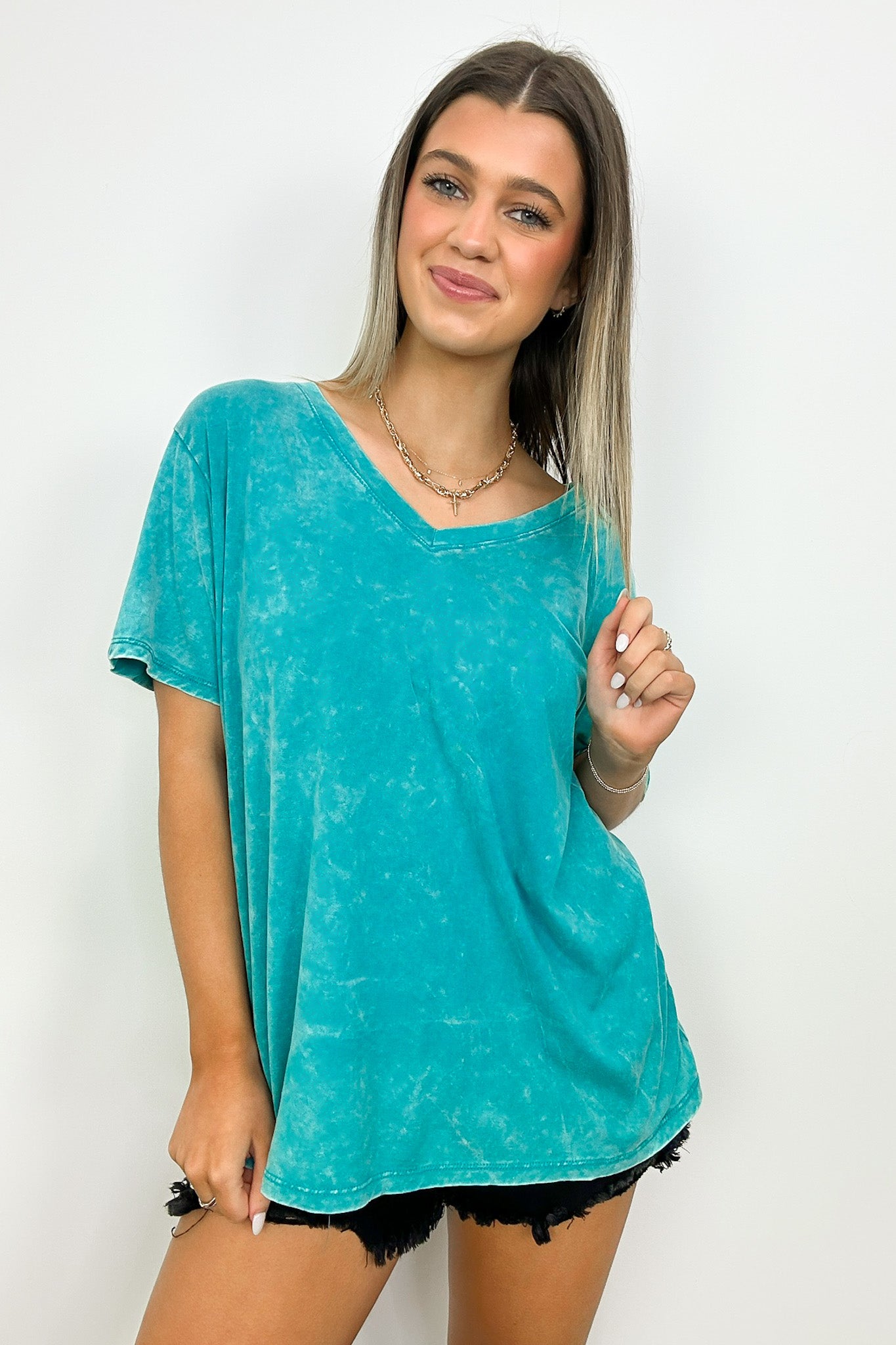  Soliel Acid Wash V-Neck Relaxed Fit Top - BACK IN STOCK - Madison and Mallory