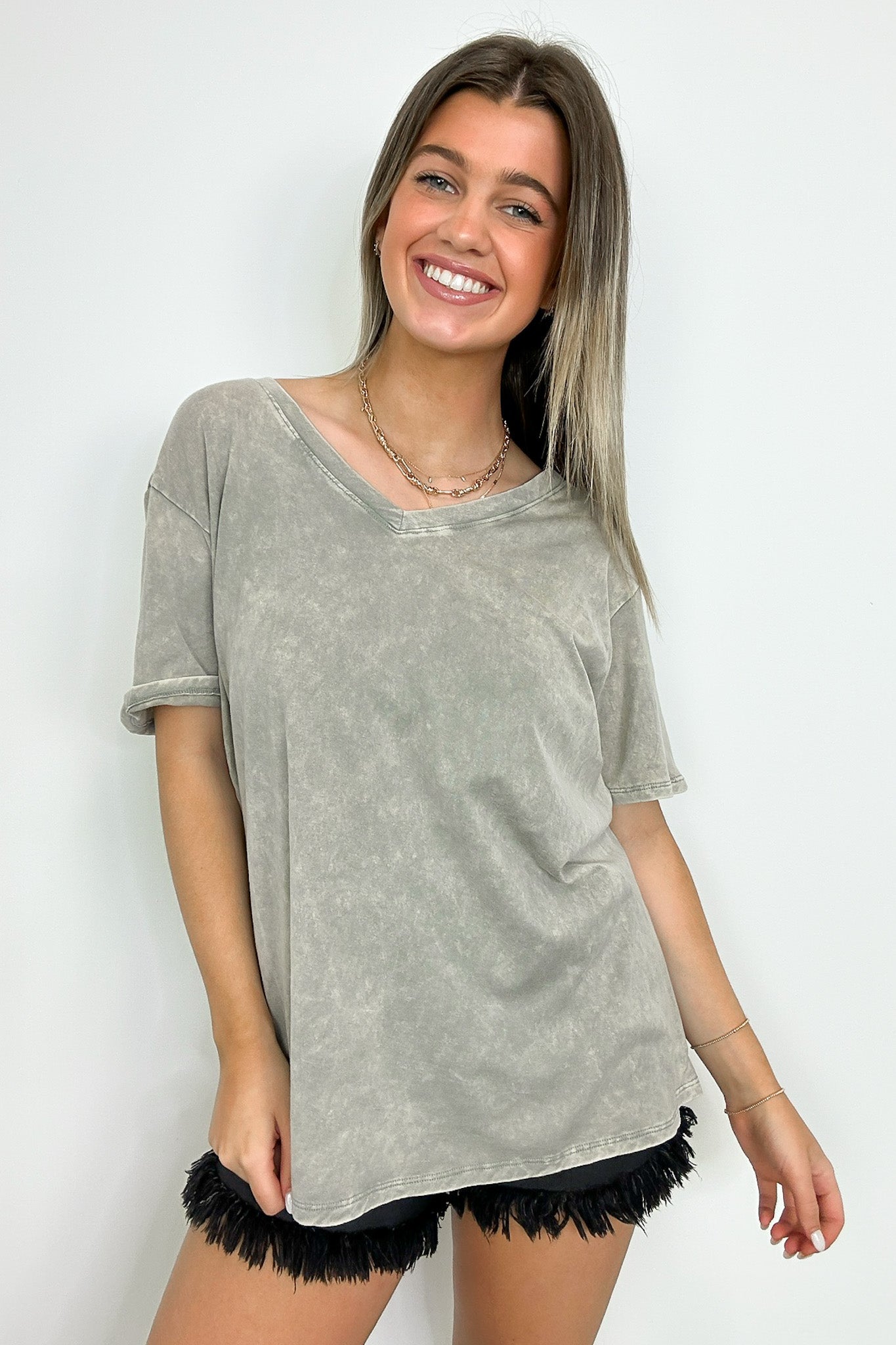 Sleet / S Soliel Acid Wash V-Neck Relaxed Fit Top - BACK IN STOCK - Madison and Mallory