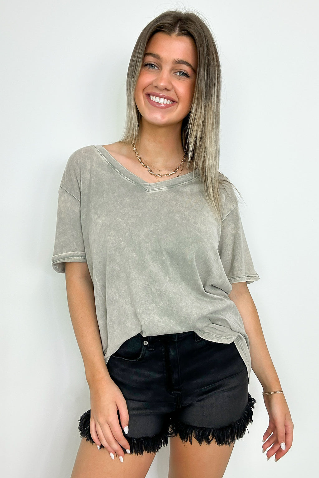 Soleil Acid Wash V-Neck Relaxed Fit Top - BACK IN STOCK - Madison and Mallory