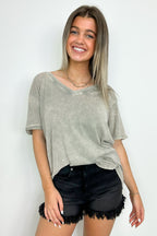 Soleil Acid Wash V-Neck Relaxed Fit Top - BACK IN STOCK - Madison and Mallory
