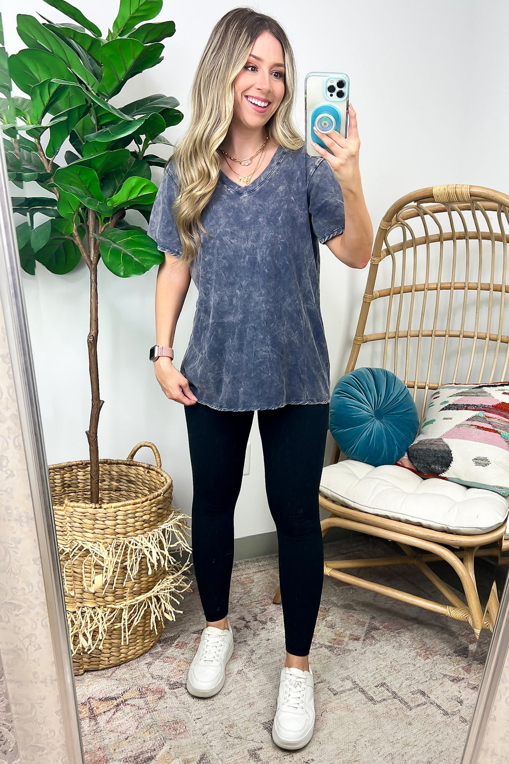  Soliel Acid Wash V-Neck Relaxed Fit Top - BACK IN STOCK - Madison and Mallory