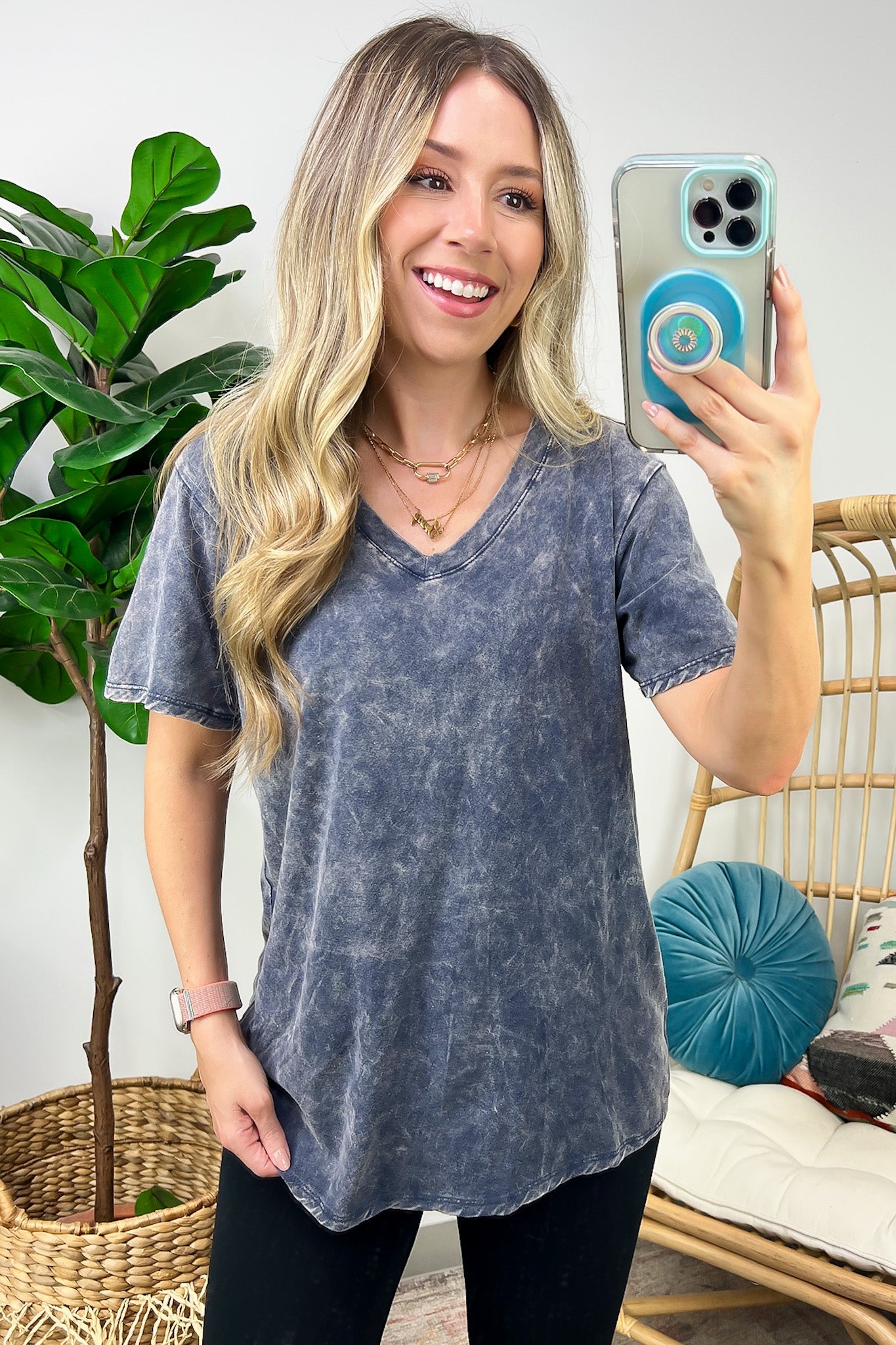 Blackberry / S Soliel Acid Wash V-Neck Relaxed Fit Top - BACK IN STOCK - Madison and Mallory