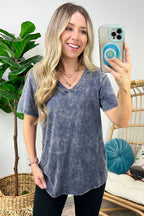 Soleil Acid Wash V-Neck Relaxed Fit Top - BACK IN STOCK - Madison and Mallory