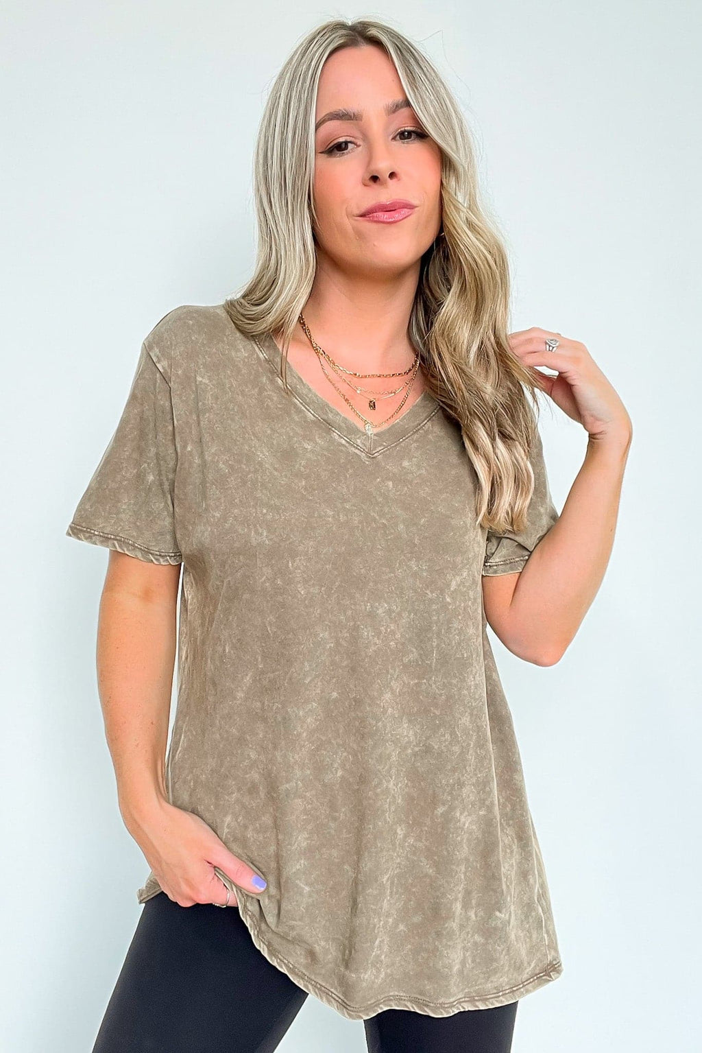 Mocha / S Soleil Acid Wash V-Neck Relaxed Fit Top - Madison and Mallory