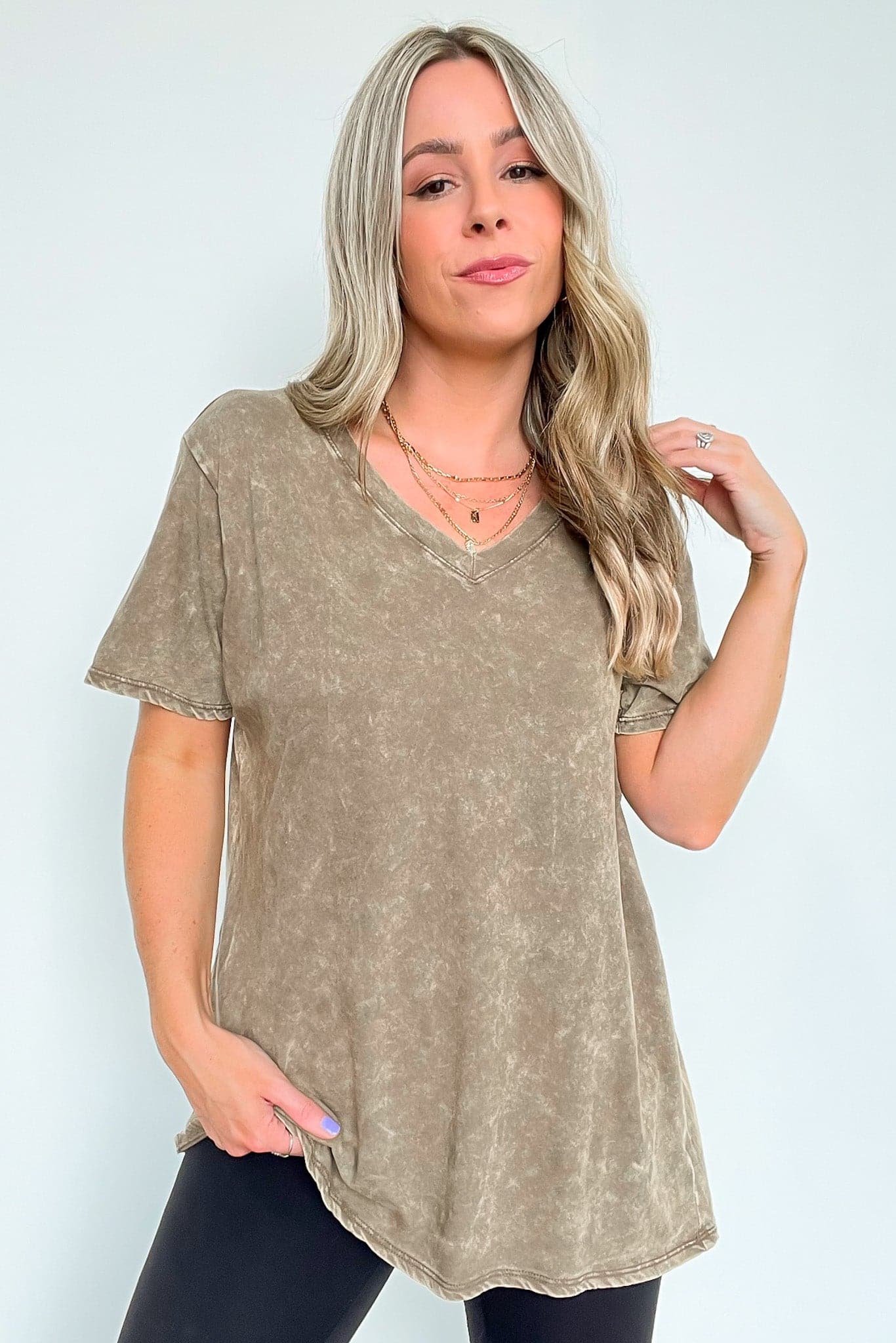 Mocha / S Soliel Acid Wash V-Neck Relaxed Fit Top - BACK IN STOCK - Madison and Mallory