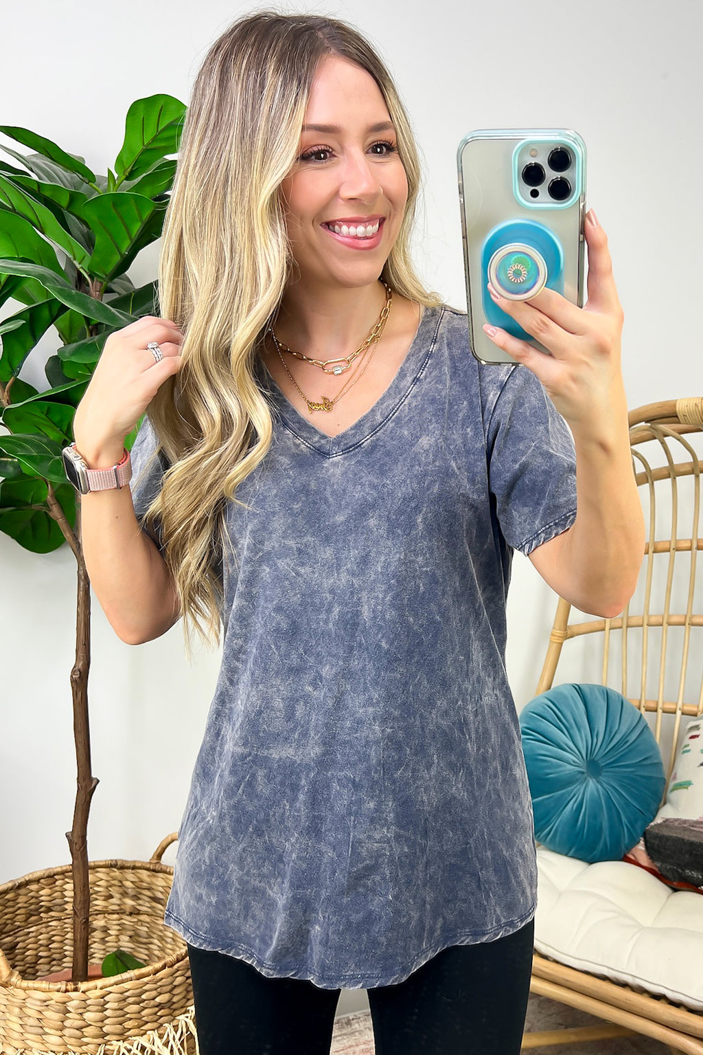 Blackberry / S Soleil Acid Wash V-Neck Relaxed Fit Top - Madison and Mallory
