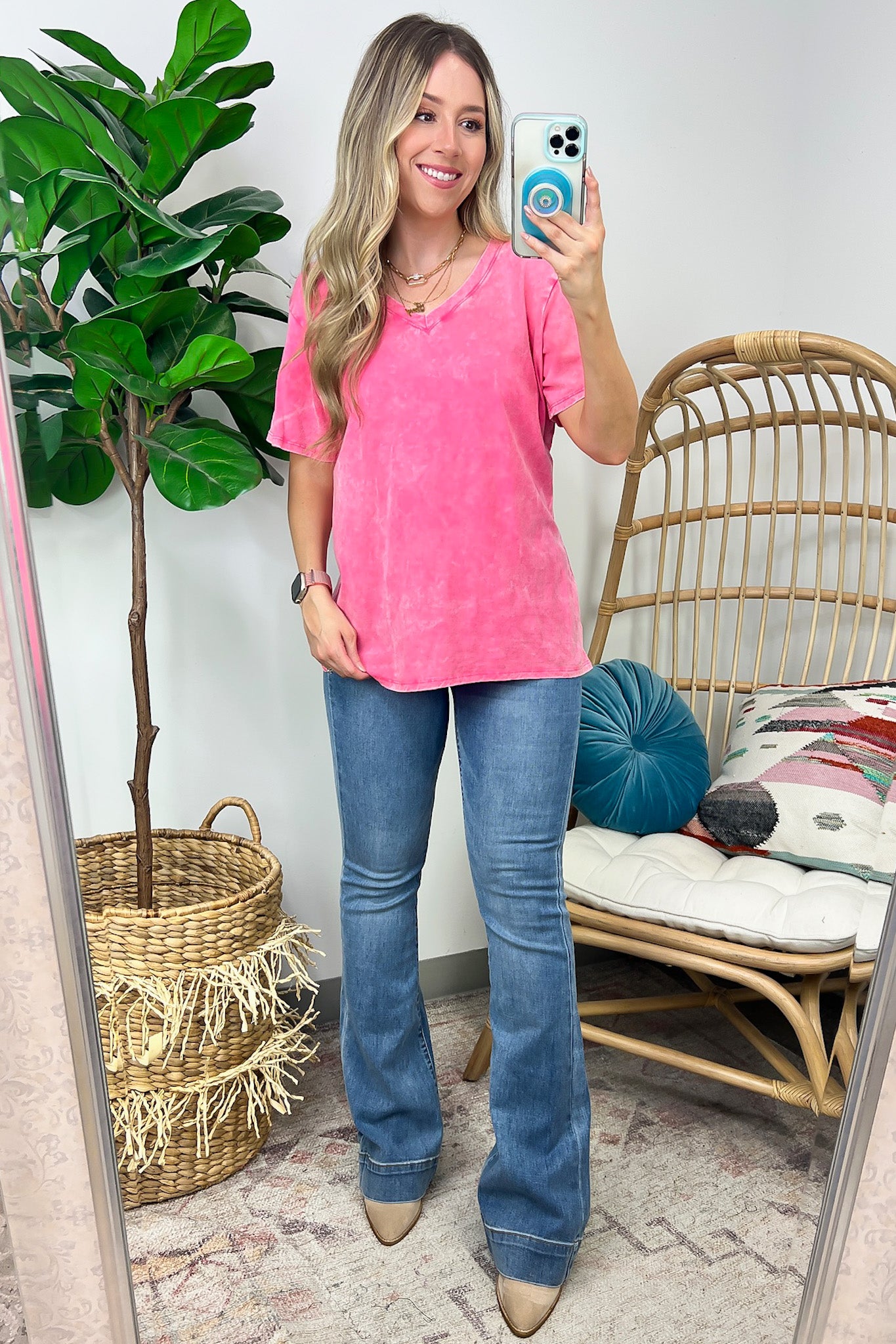  Soliel Acid Wash V-Neck Relaxed Fit Top - BACK IN STOCK - Madison and Mallory