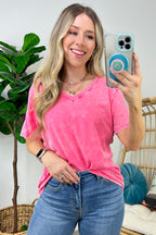 Fuchsia / S Soliel Acid Wash V-Neck Relaxed Fit Top - BACK IN STOCK - Madison and Mallory