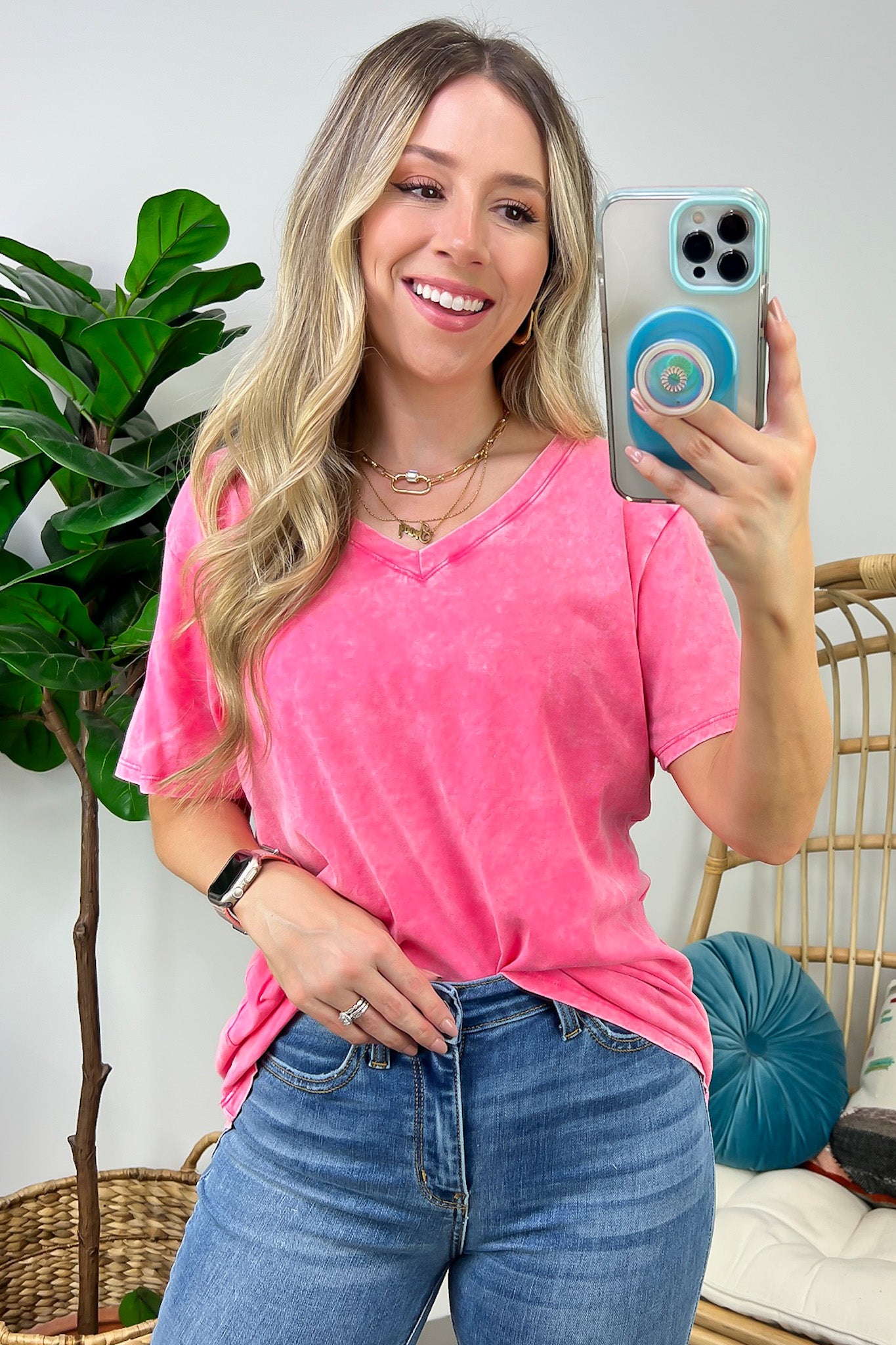 Fuchsia / S Soliel Acid Wash V-Neck Relaxed Fit Top - BACK IN STOCK - Madison and Mallory