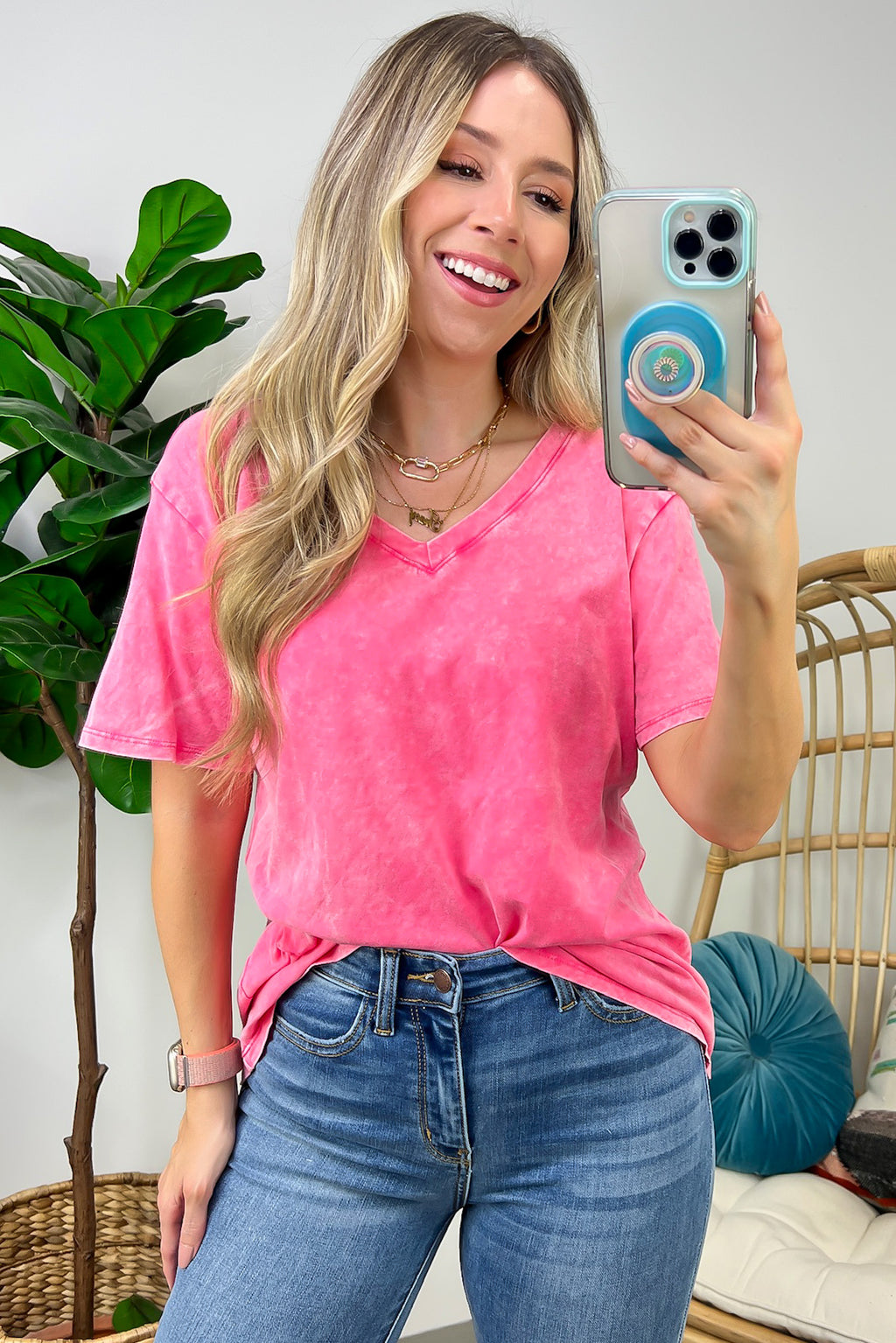 Soleil Acid Wash V-Neck Relaxed Fit Top - Madison and Mallory