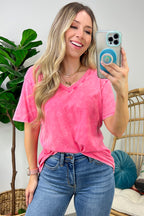 Soleil Acid Wash V-Neck Relaxed Fit Top - Madison and Mallory