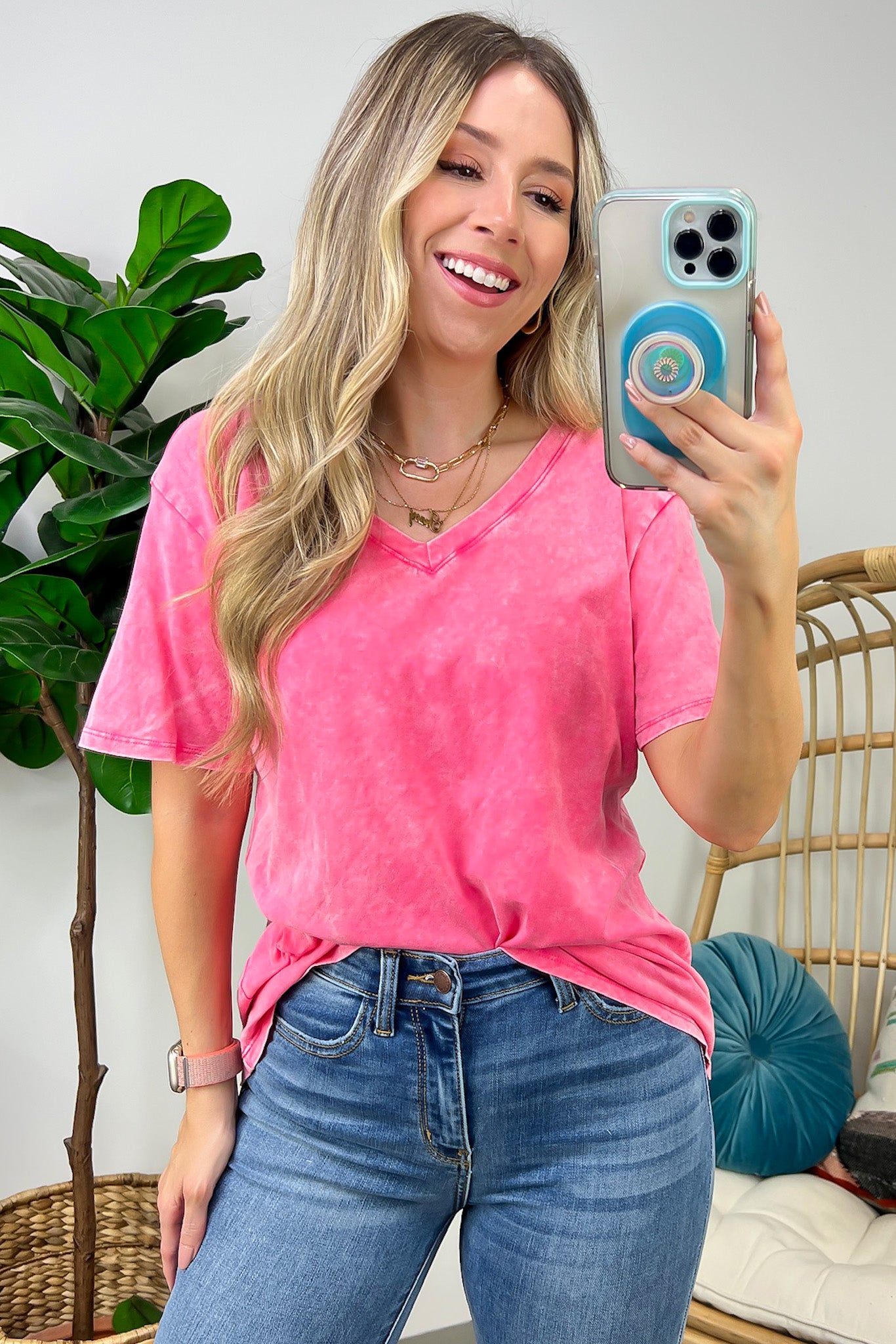 Soleil Acid Wash V-Neck Relaxed Fit Top - BACK IN STOCK - Madison and Mallory