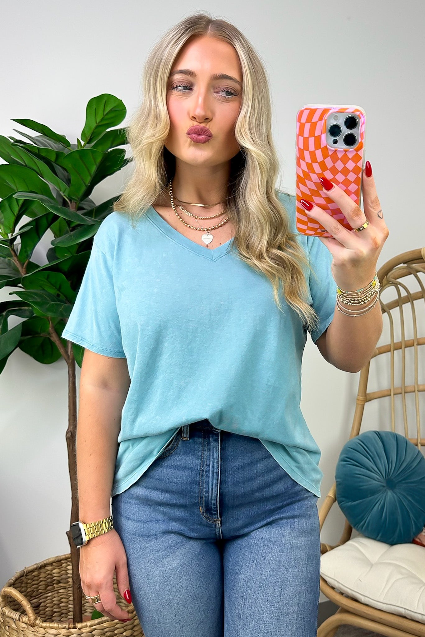 Dusty Teal / S Soliel Acid Wash V-Neck Relaxed Fit Top - BACK IN STOCK - Madison and Mallory