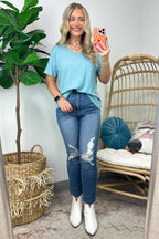 Soliel Acid Wash V-Neck Relaxed Fit Top - BACK IN STOCK - Madison and Mallory