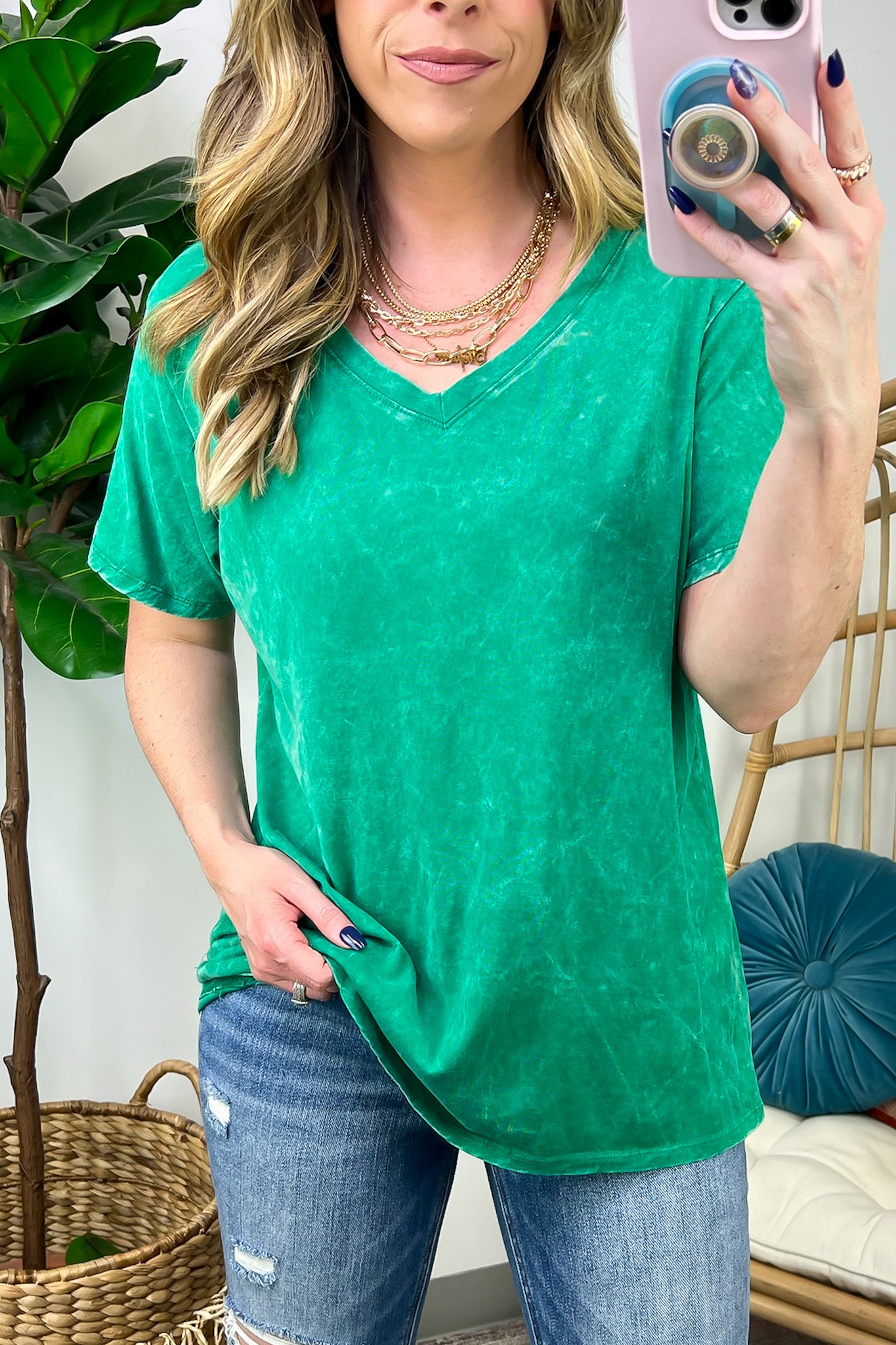  Soliel Acid Wash V-Neck Relaxed Fit Top - BACK IN STOCK - Madison and Mallory