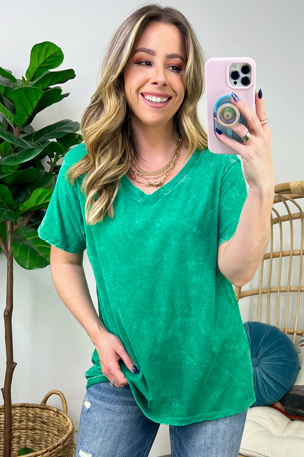 Soleil Acid Wash V-Neck Relaxed Fit Top - BACK IN STOCK - Madison and Mallory