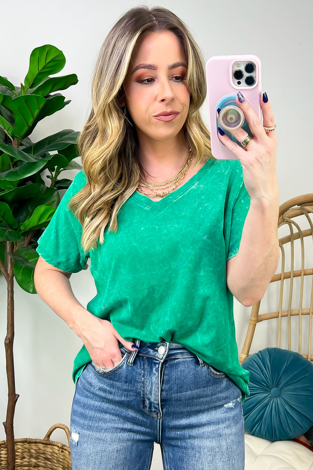 Soliel Acid Wash V-Neck Relaxed Fit Top - BACK IN STOCK - Madison and Mallory