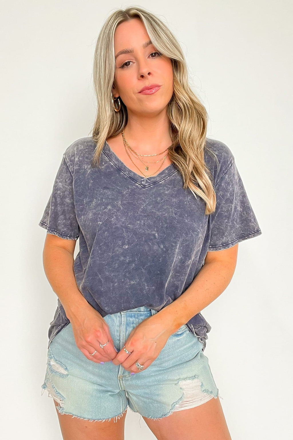  Soliel Acid Wash V-Neck Relaxed Fit Top - BACK IN STOCK - Madison and Mallory