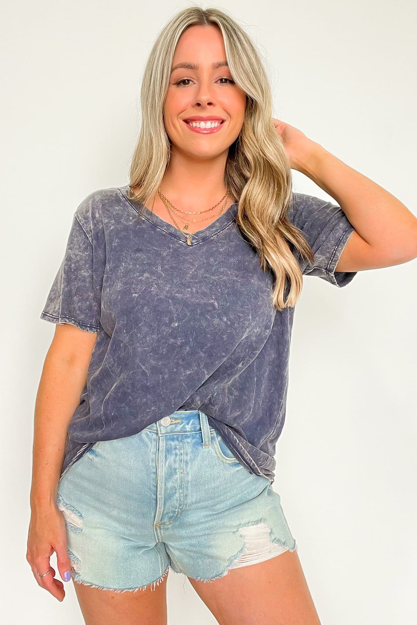 Soliel Acid Wash V-Neck Relaxed Fit Top - BACK IN STOCK - Madison and Mallory