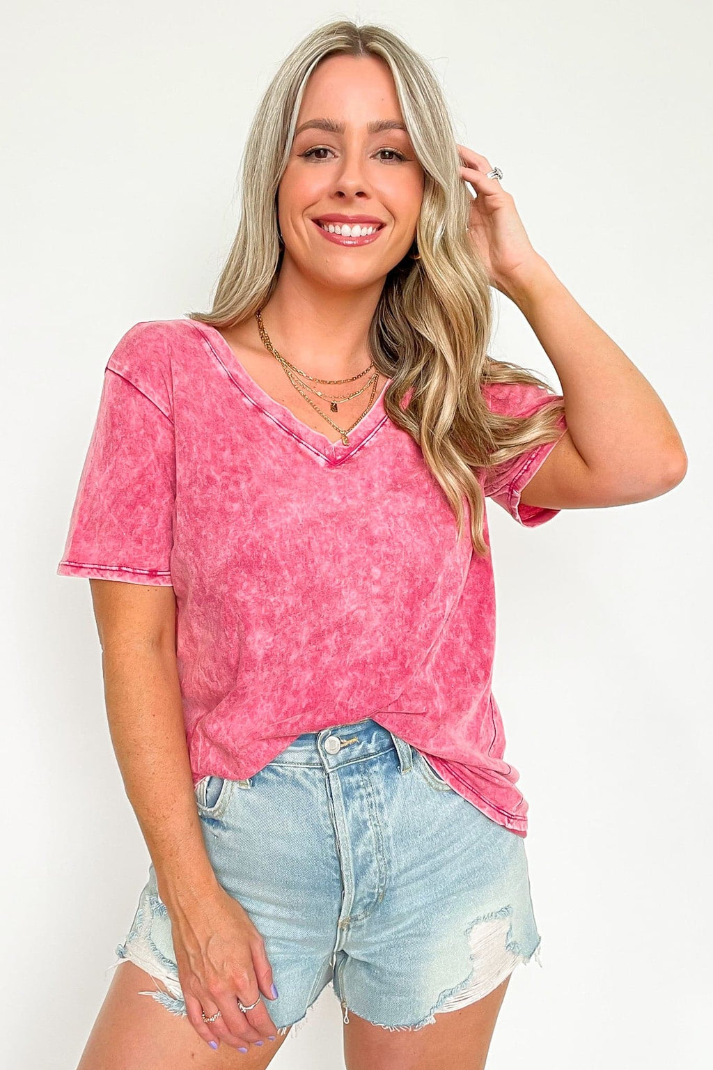  Soliel Acid Wash V-Neck Relaxed Fit Top - BACK IN STOCK - Madison and Mallory