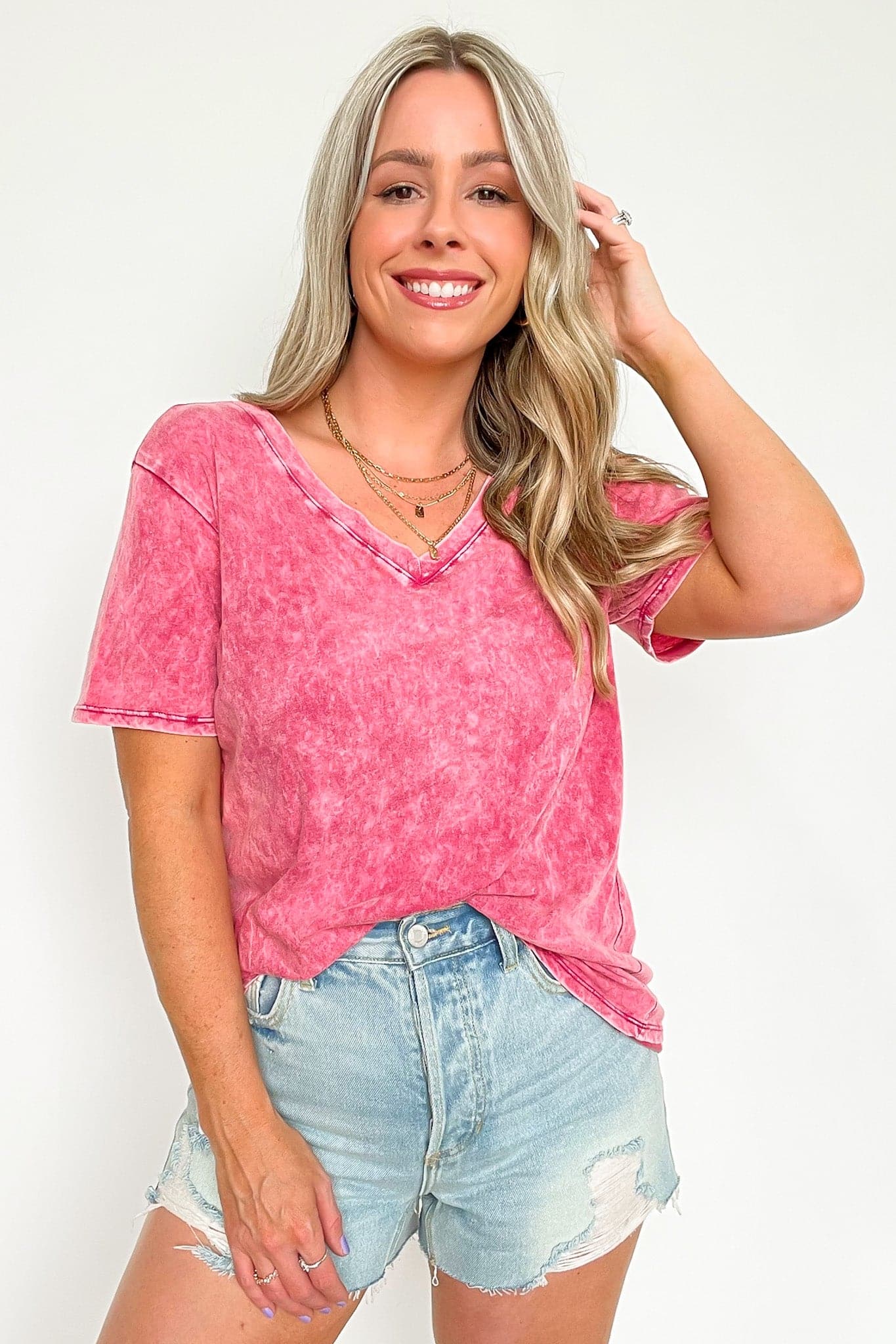  Soliel Acid Wash V-Neck Relaxed Fit Top - BACK IN STOCK - Madison and Mallory