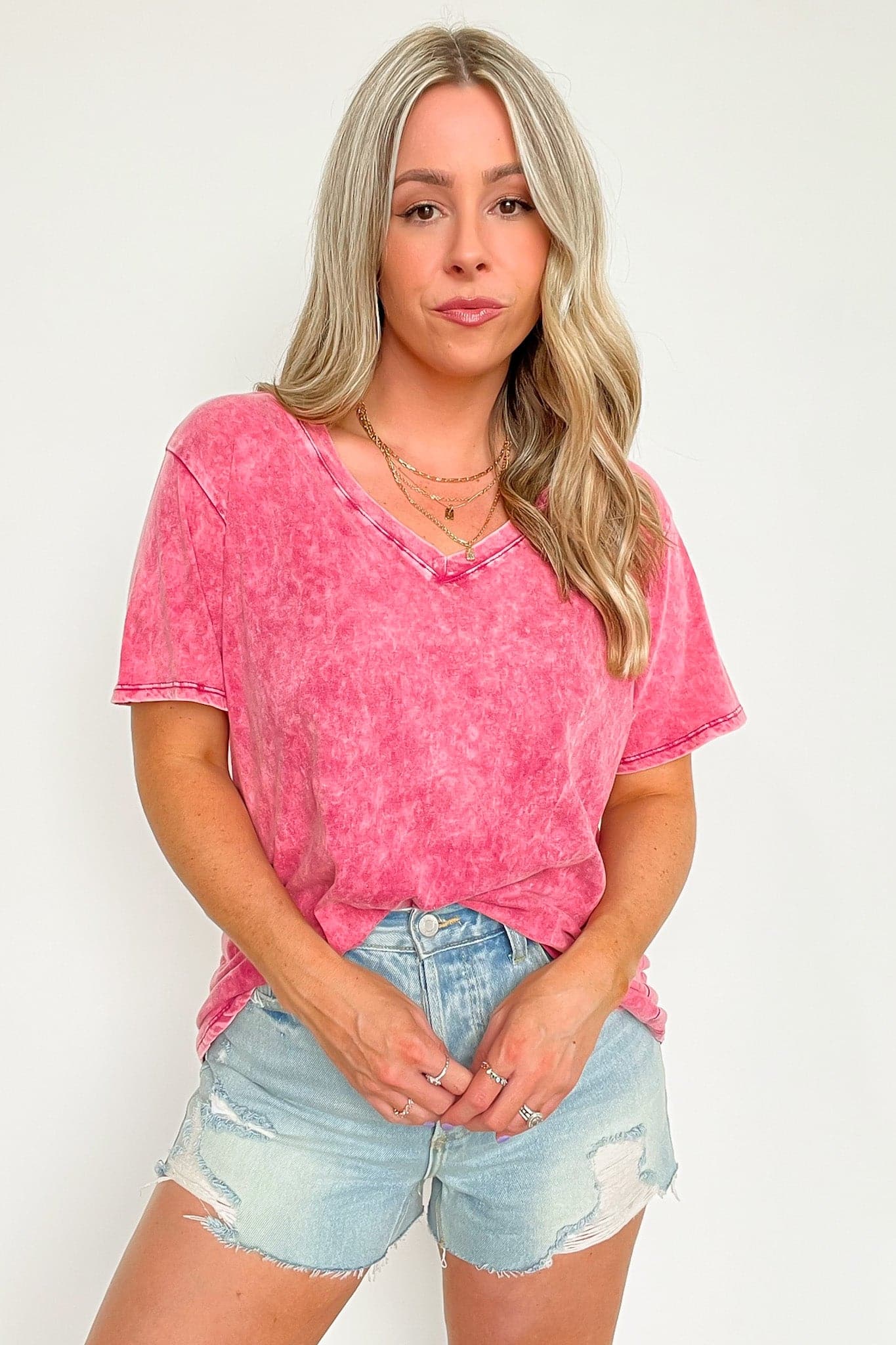 Ash Pink / S Soliel Acid Wash V-Neck Relaxed Fit Top - BACK IN STOCK - Madison and Mallory