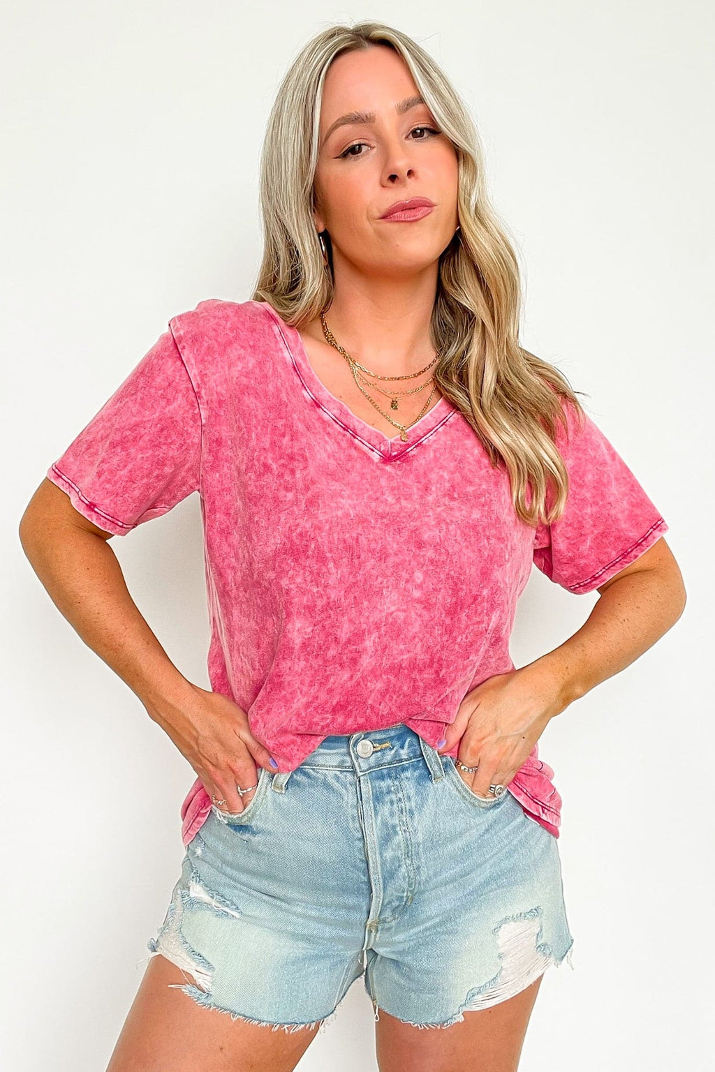  Soliel Acid Wash V-Neck Relaxed Fit Top - BACK IN STOCK - Madison and Mallory