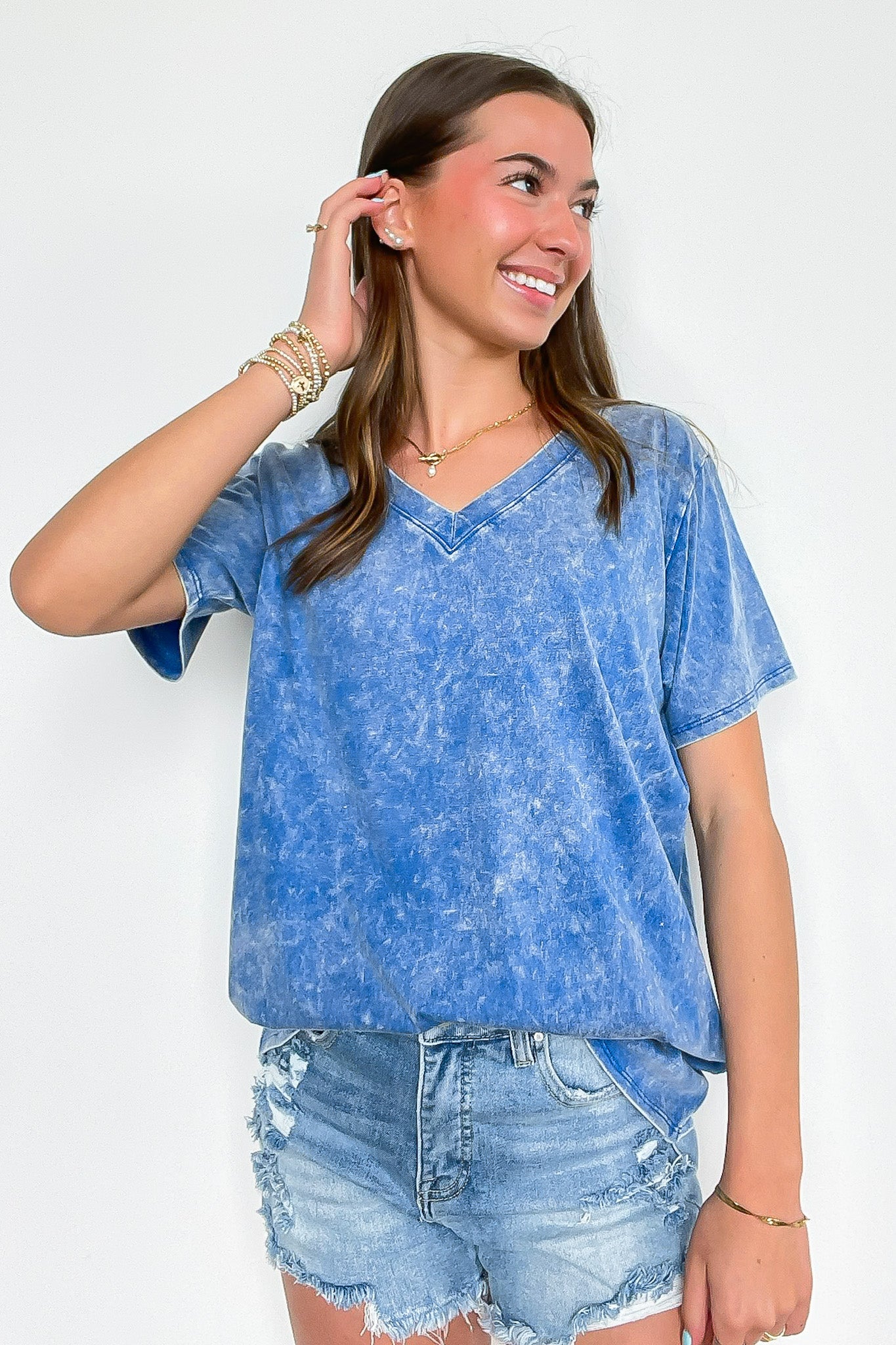 Classic Blue / S Soleil Acid Wash V-Neck Relaxed Fit Top - BACK IN STOCK - Madison and Mallory