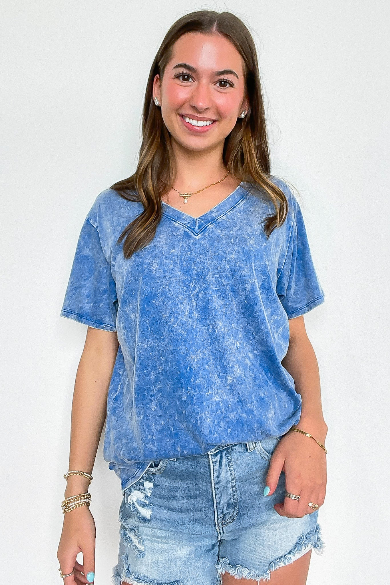 Soleil Acid Wash V-Neck Relaxed Fit Top - BACK IN STOCK