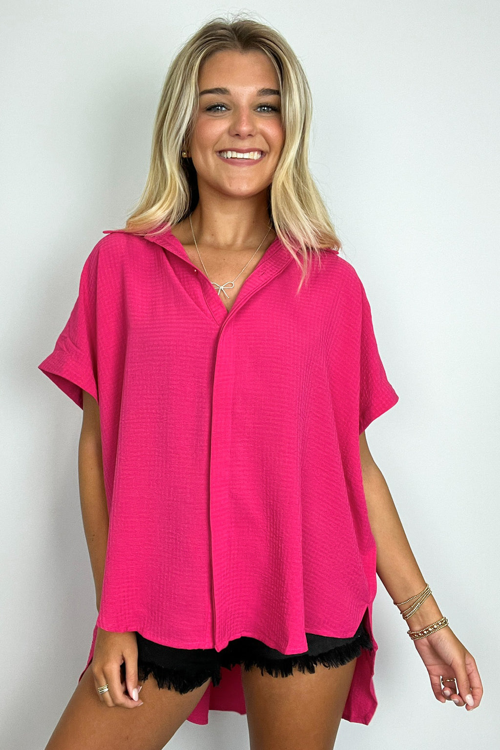 Soliene Textured Short Sleeve Button Down Top - FINAL SALE - Madison and Mallory