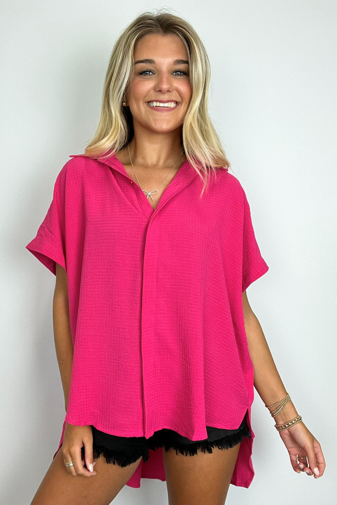  Soliene Textured Short Sleeve Button Down Top - Madison and Mallory