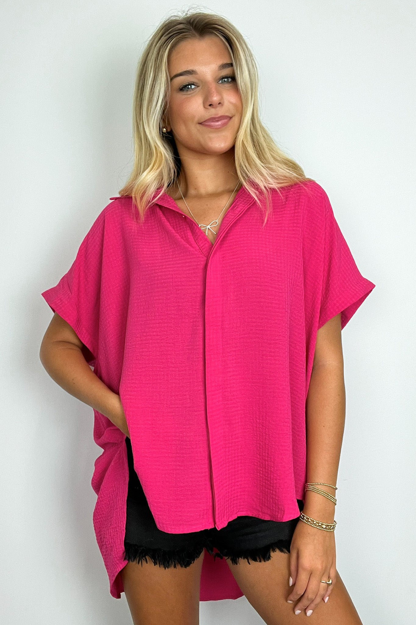  Soliene Textured Short Sleeve Button Down Top - Madison and Mallory