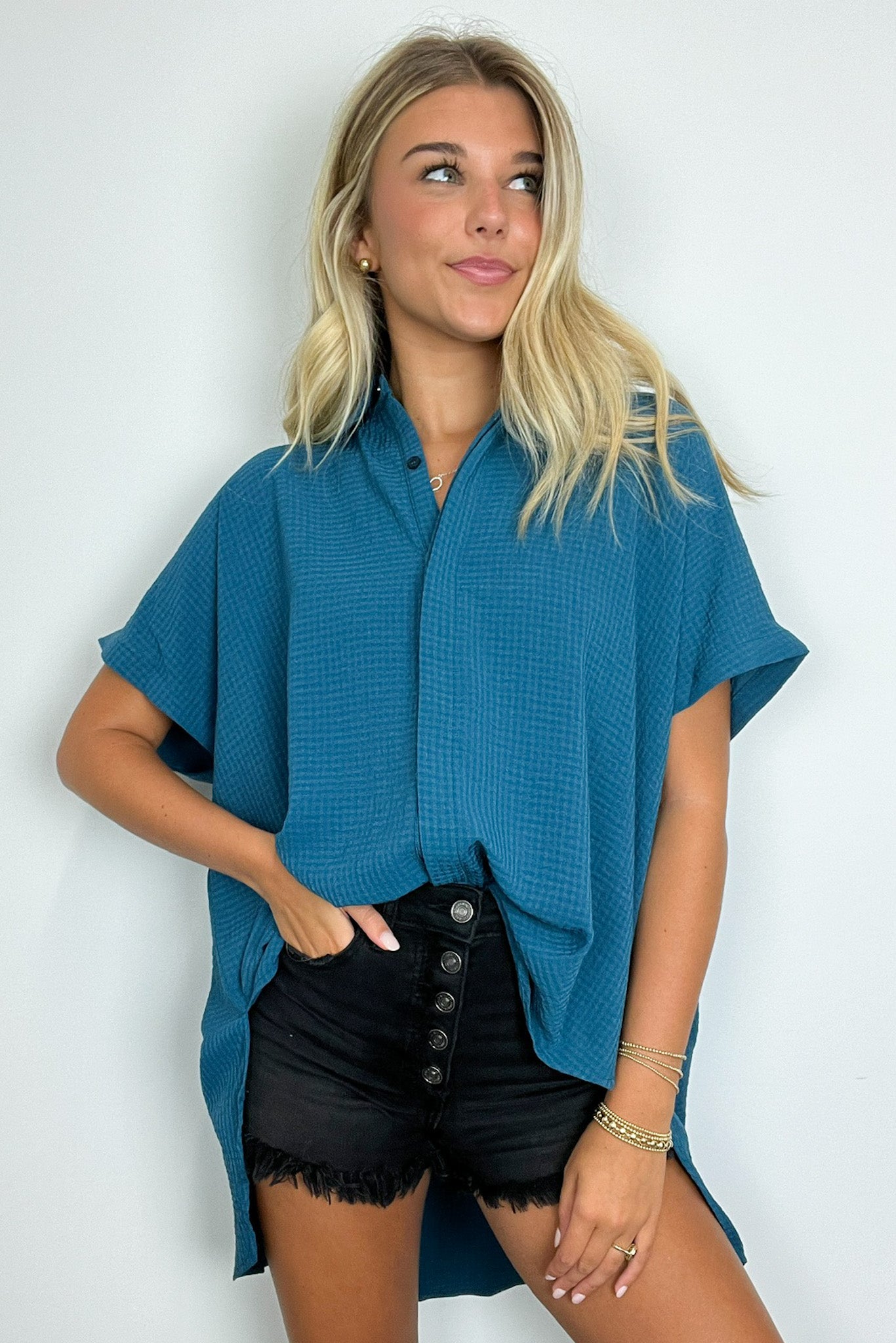  Soliene Textured Short Sleeve Button Down Top - Madison and Mallory