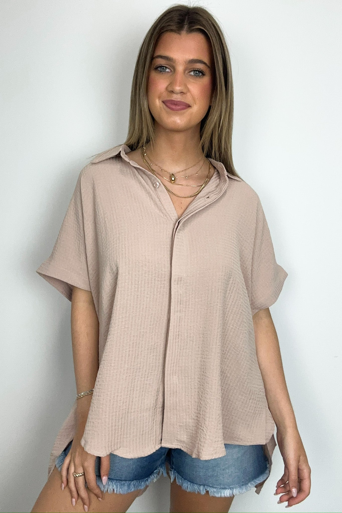  Soliene Textured Short Sleeve Button Down Top - Madison and Mallory