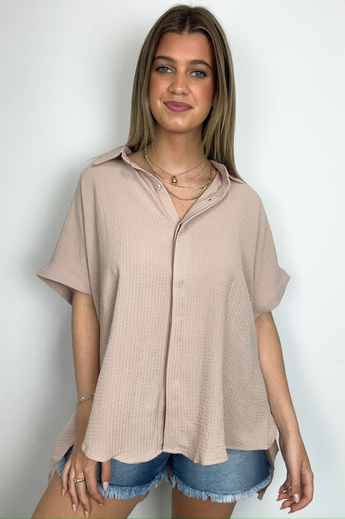 Soliene Textured Short Sleeve Button Down Top - FINAL SALE - Madison and Mallory