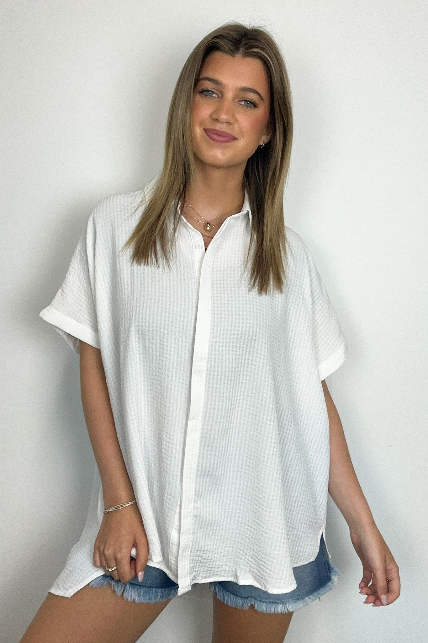  Soliene Textured Short Sleeve Button Down Top - Madison and Mallory