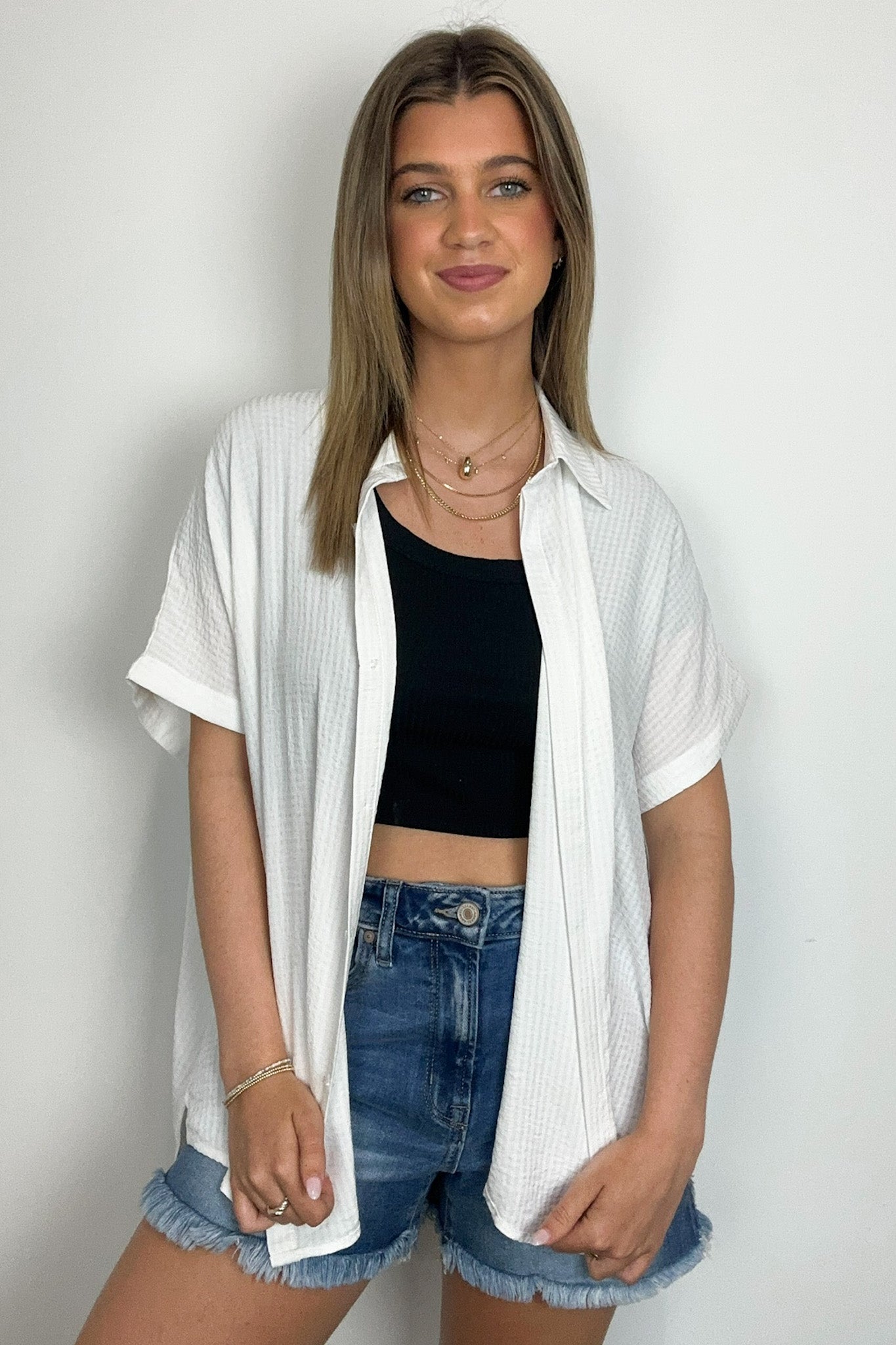 White / S Soliene Textured Short Sleeve Button Down Top - Madison and Mallory