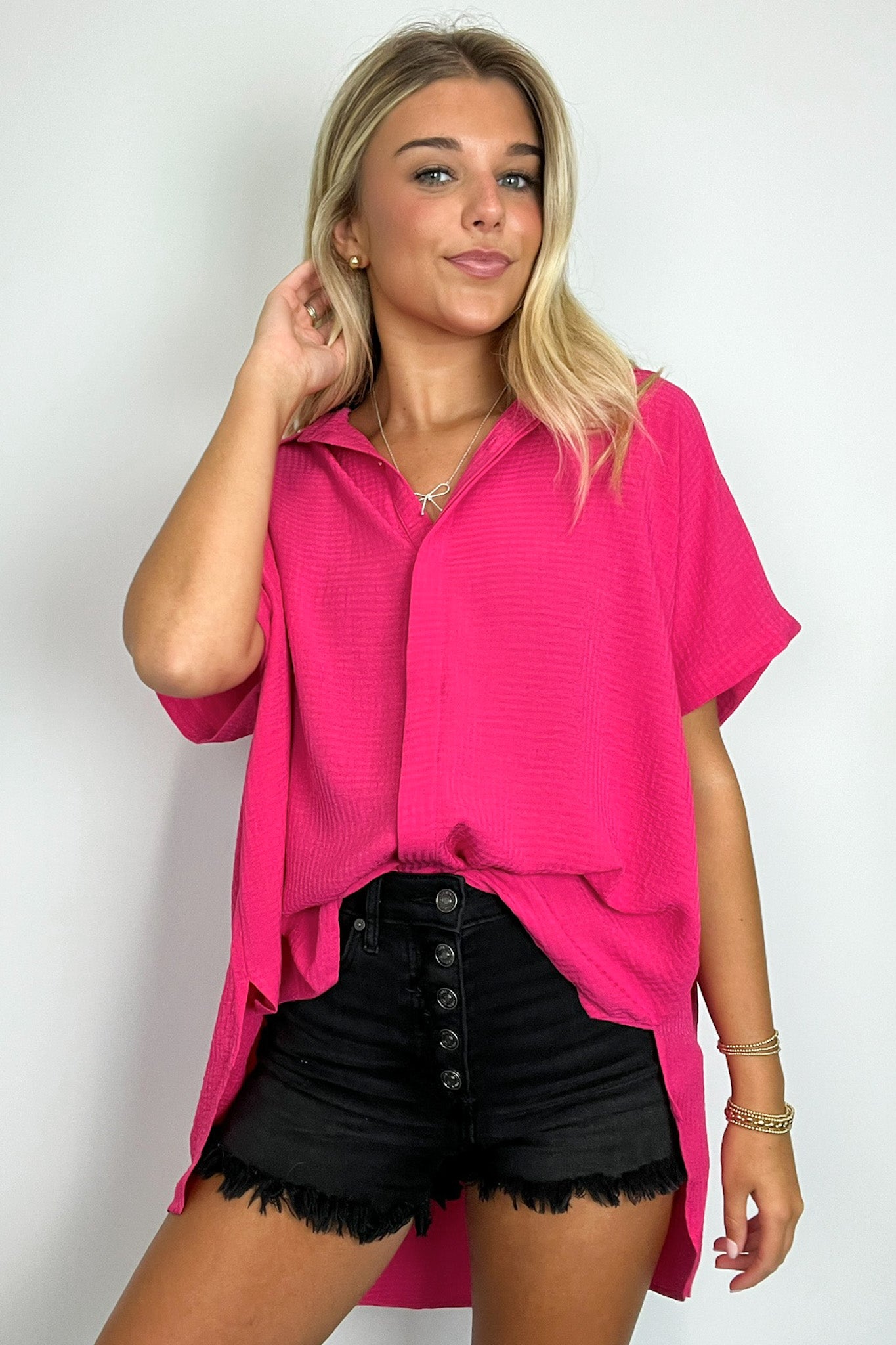  Soliene Textured Short Sleeve Button Down Top - Madison and Mallory