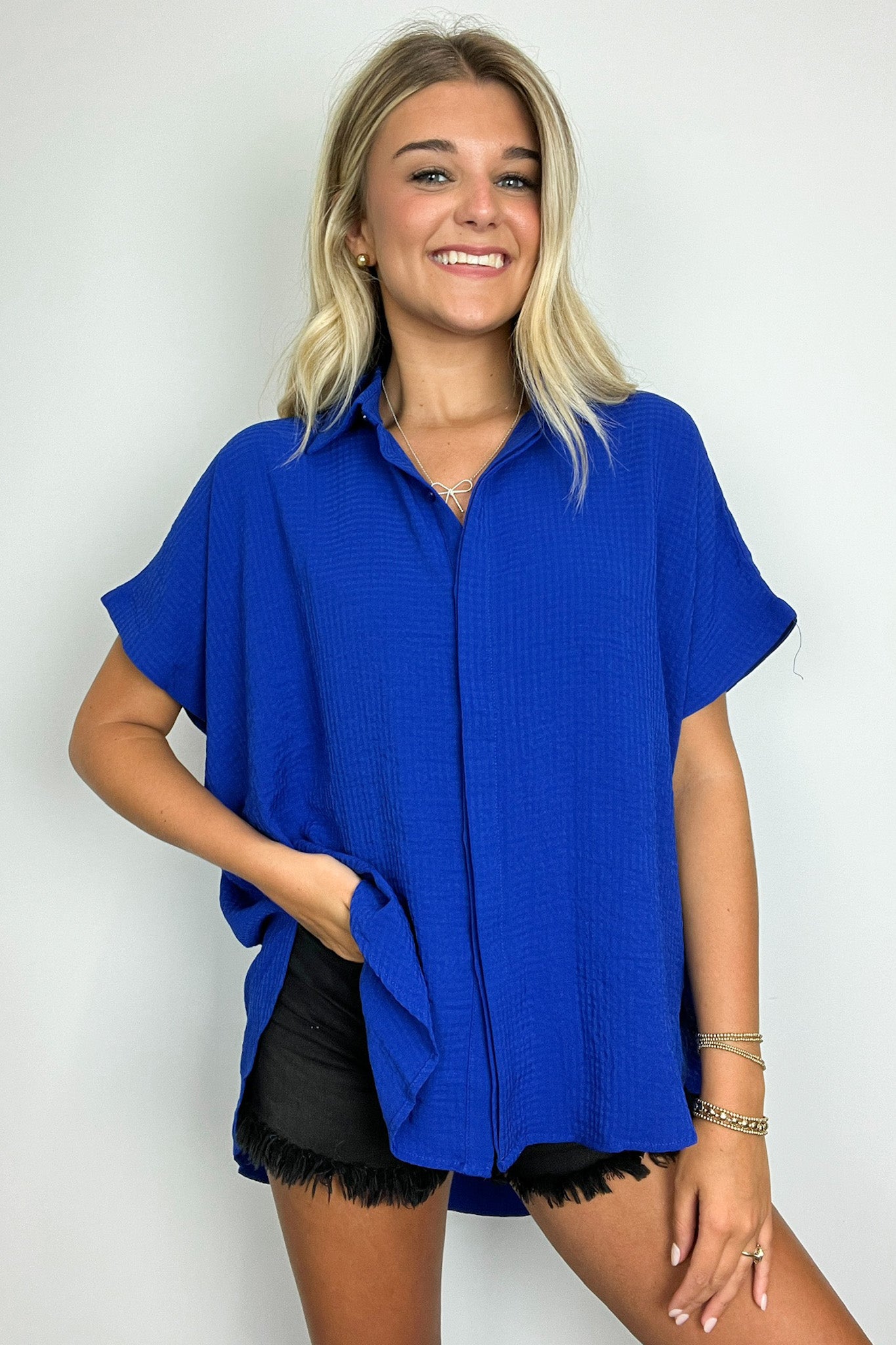 Soliene Textured Short Sleeve Button Down Top - FINAL SALE - Madison and Mallory