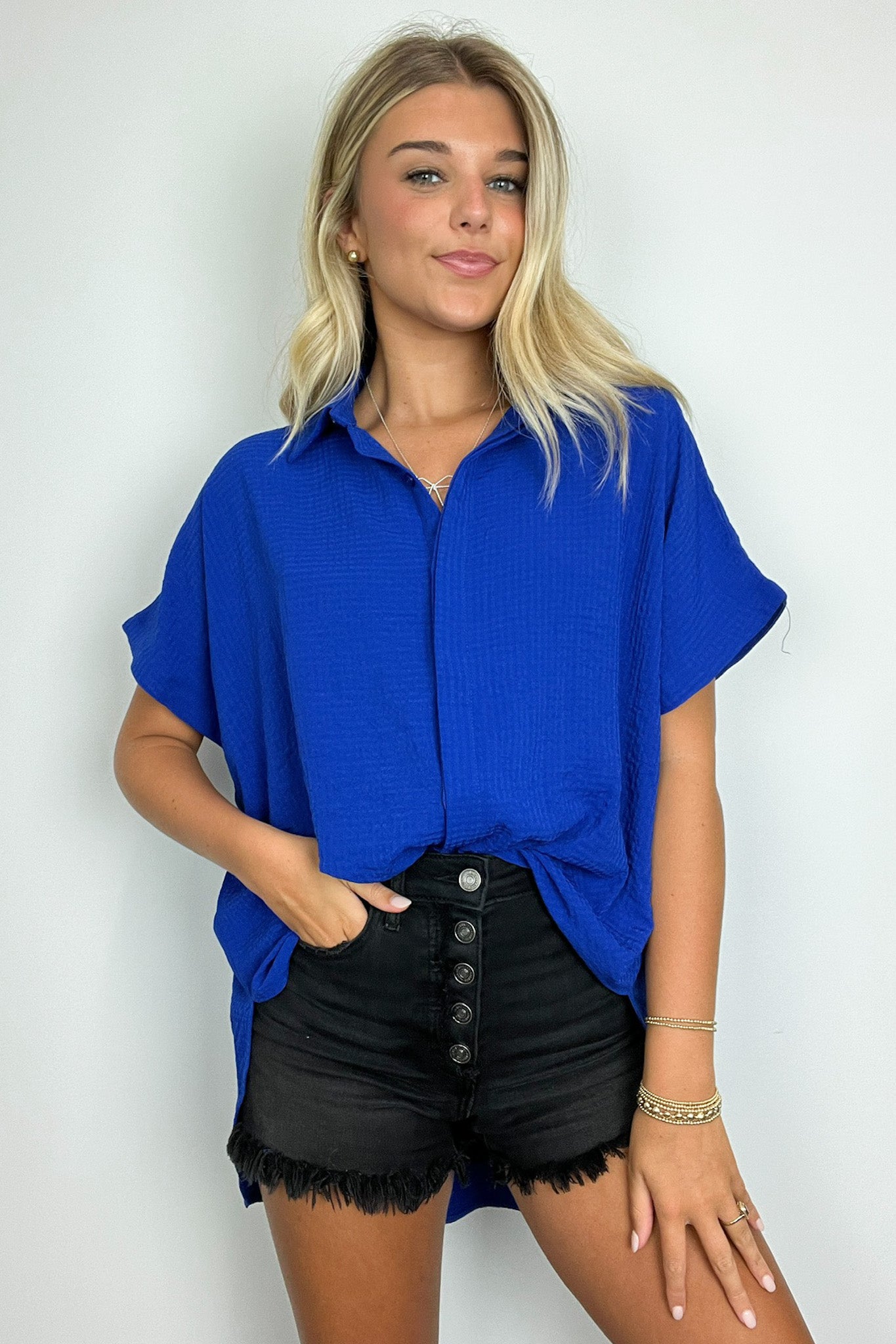  Soliene Textured Short Sleeve Button Down Top - Madison and Mallory