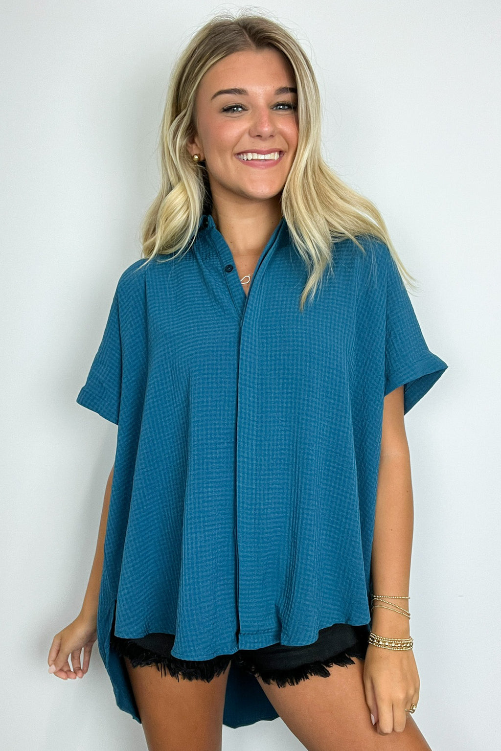 Soliene Textured Short Sleeve Button Down Top - FINAL SALE - Madison and Mallory
