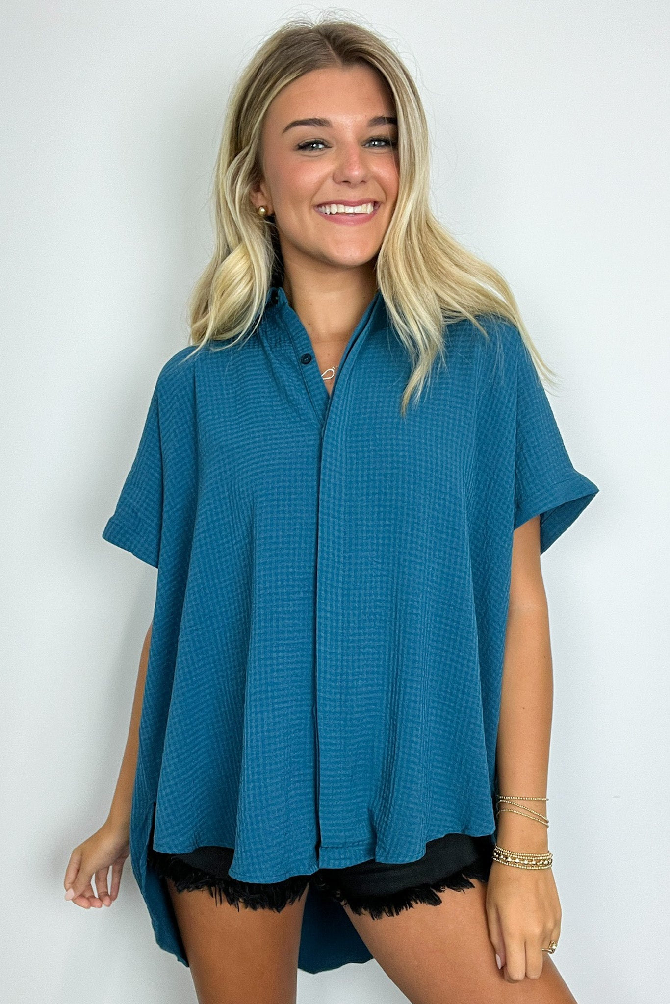  Soliene Textured Short Sleeve Button Down Top - Madison and Mallory