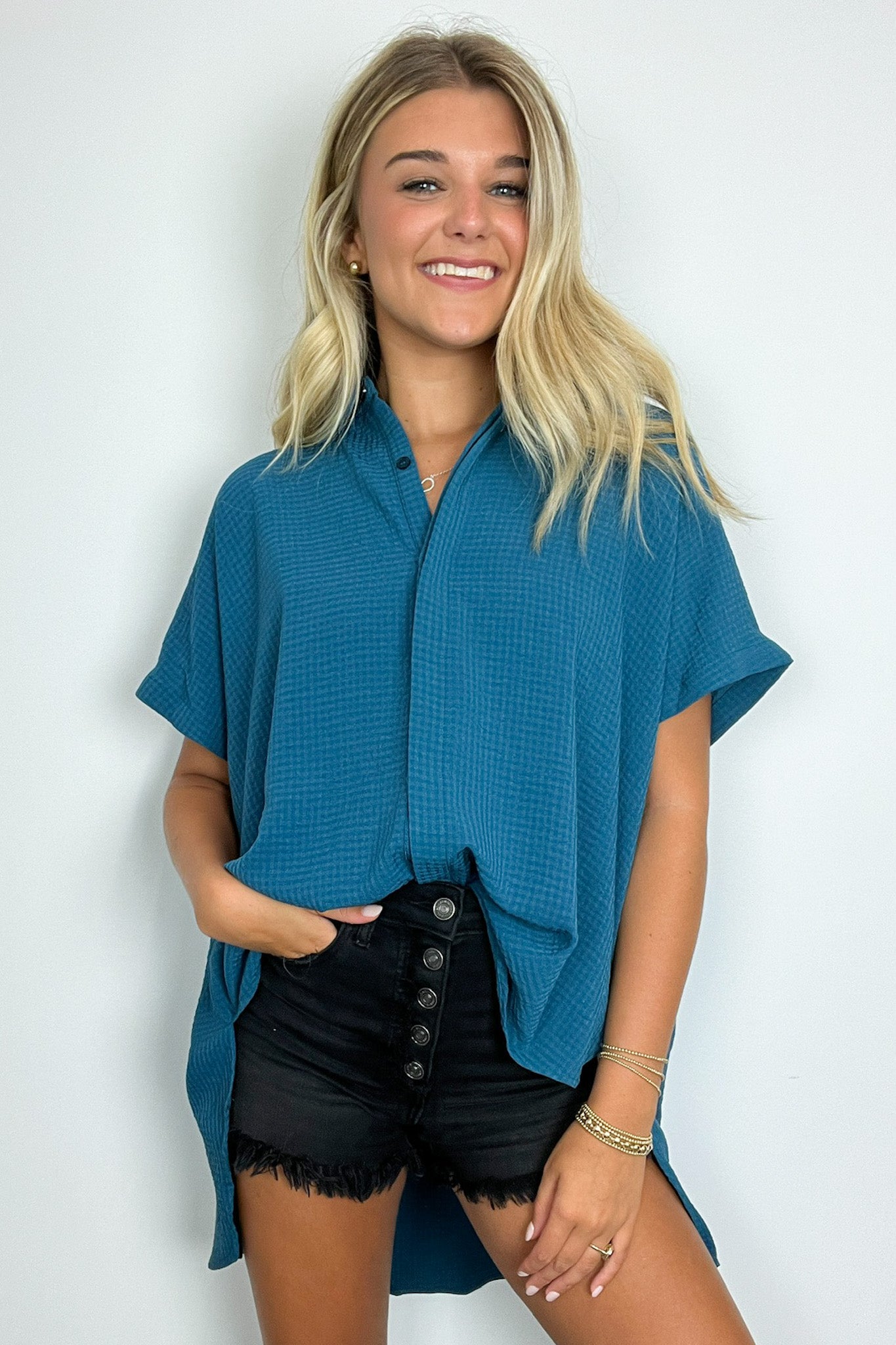 Teal Green / S Soliene Textured Short Sleeve Button Down Top - Madison and Mallory