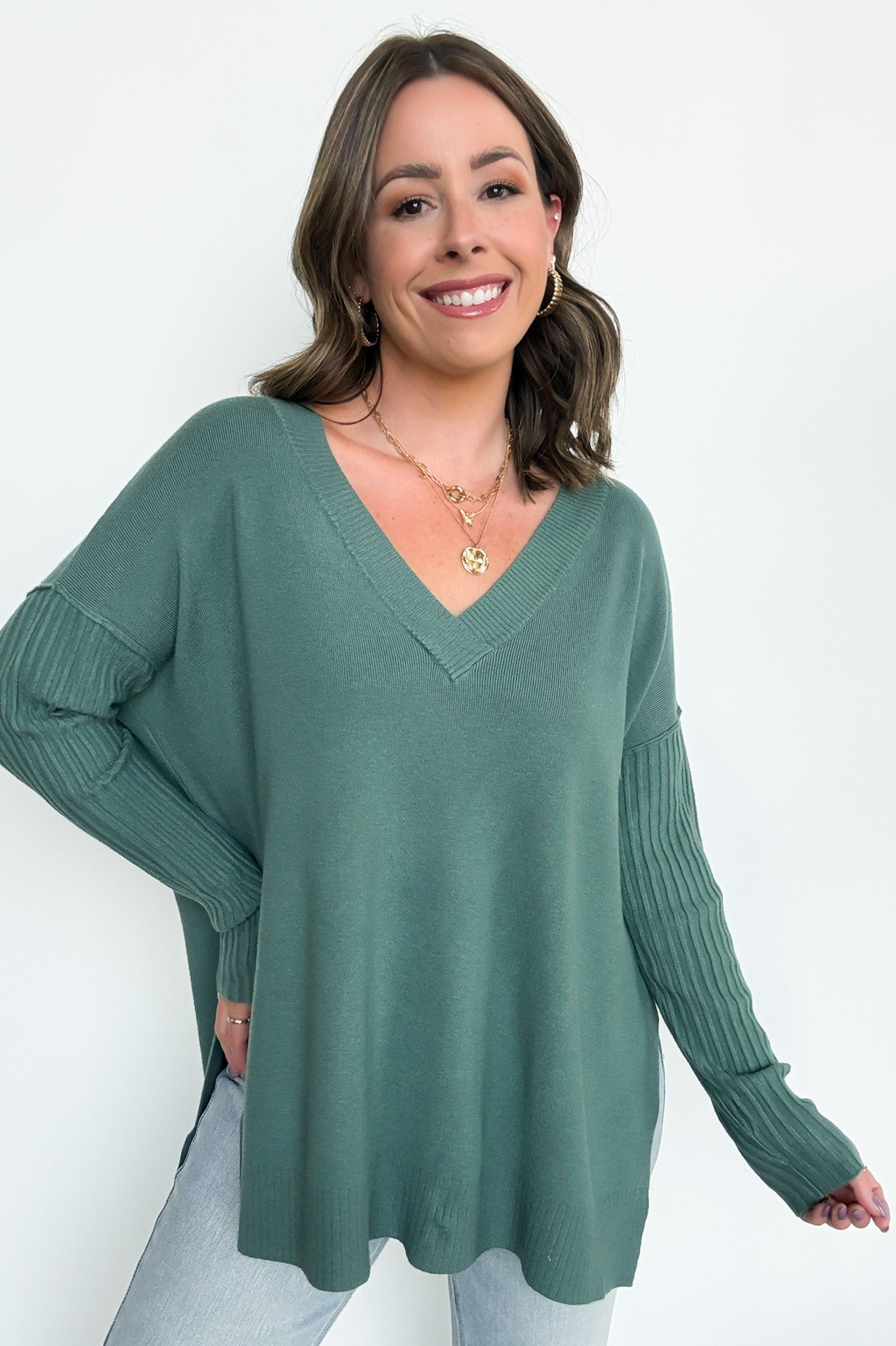 Ash Jade / SM Sophie V-Neck Ribbed Hem Sweater - BACK IN STOCK - Madison and Mallory