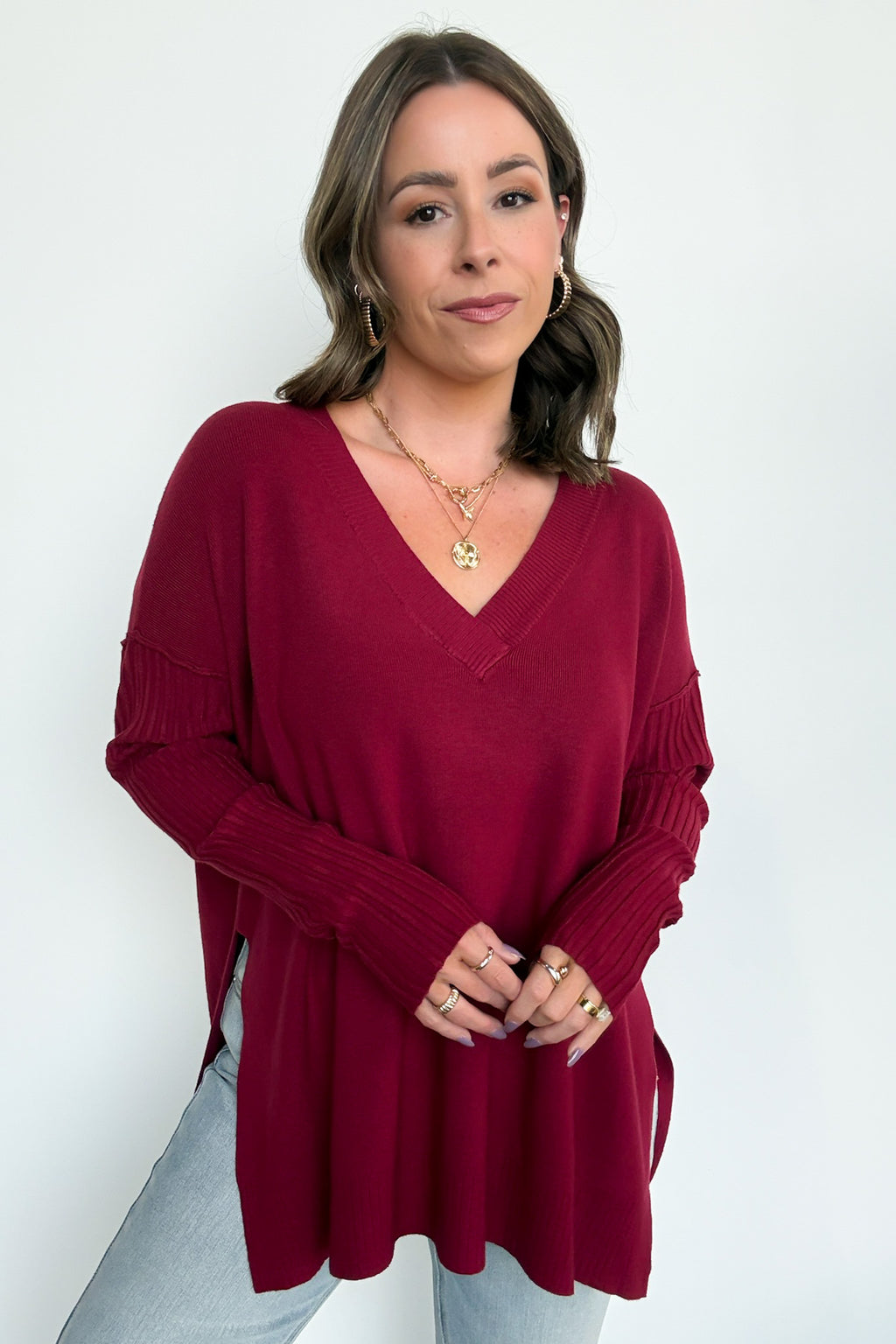 Cabernet / SM Sophie V-Neck Ribbed Hem Sweater - FINAL SALE - Madison and Mallory