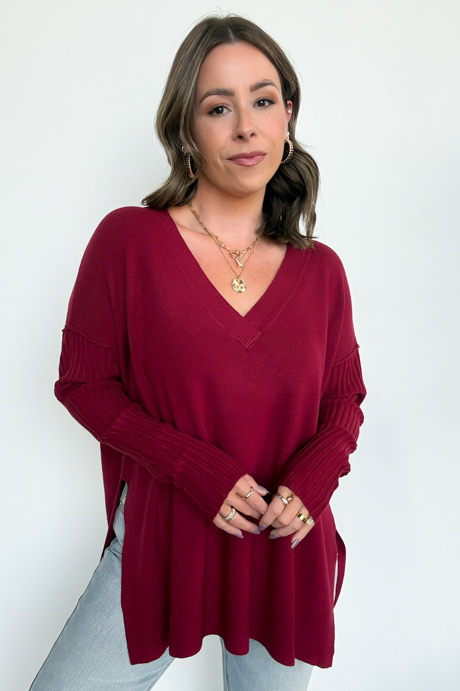 Cabernet / SM Sophie V-Neck Ribbed Hem Sweater - BACK IN STOCK - Madison and Mallory